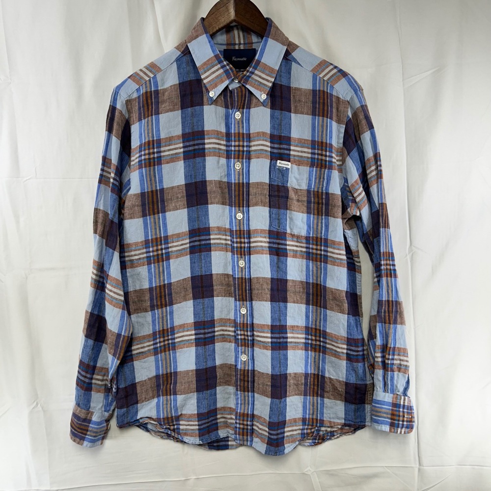 Faconnable Button Down Shirt Mens Medium‎ Blue Plaid Linen Long Sleeve